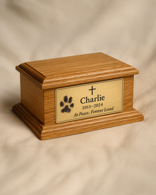 Cross Pawprint Oak Pet Urn