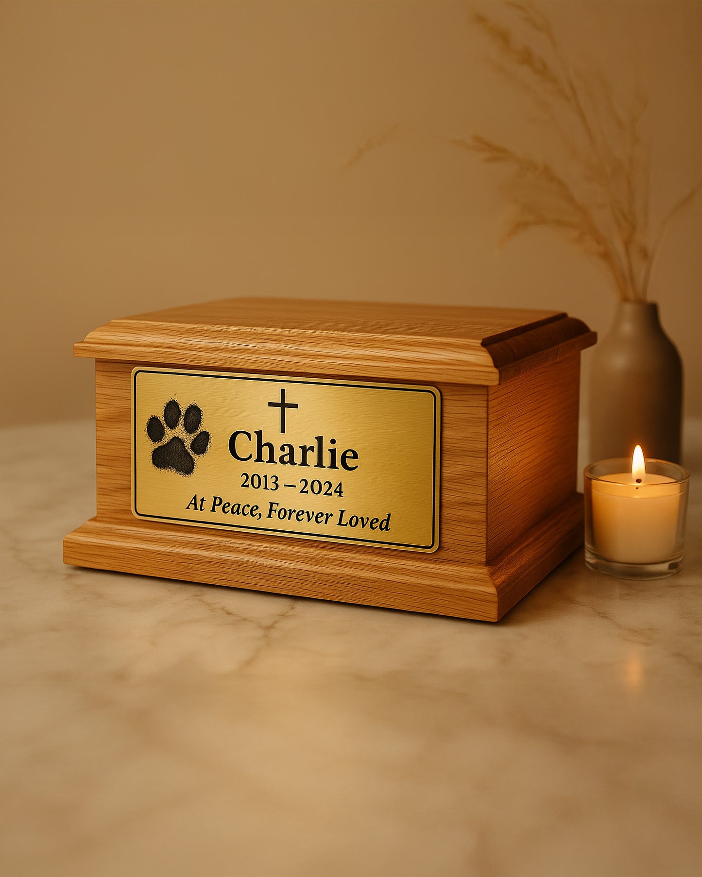 Cross Pawprint Oak Pet Urn